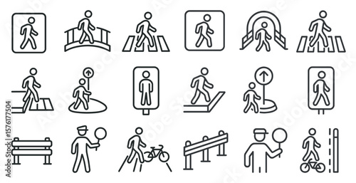 Series of icons depicting people walking and crossing streets. The icons include a man holding a stop sign, a man holding a bicycle, and a man holding a basketball
