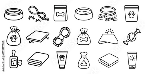 Collection of items related to pets and their care. The items include a dog leash, a dog toy, a dog bed, a dog bowl, a dog grooming brush, a dog shampoo, a dog toothbrush, a dog treat