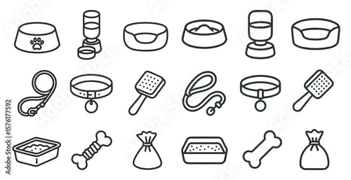 Set of dog supplies including a bowl, leash, and brush. The image is in black and white and has a minimalist style