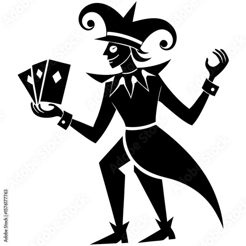 Black silhouette of a jester holding playing cards