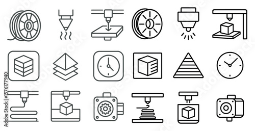 Set of black and white icons that represent various machines and tools used in 3D printing. The icons include a 3D printer, a camera, a clock, and a cube. Scene is one of precision