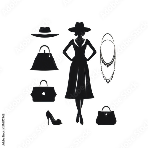 Fashionable woman silhouette with accessories including hats handbags necklace and high heels isolated on transparent background