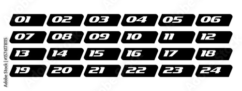 Font icons Bullet Point from 1 to 24. Dynamic slanted font. Black and white rectangular markers with numbers. Set of vector design elements for infographics.
