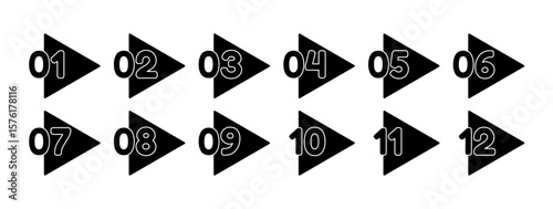 Set of black and white triangle icons of numbers from 1 to 12. Flat symbols of Bullet Point, Circle Number with editable outline. Font for labels, markers and infographics. Vector illustration 
