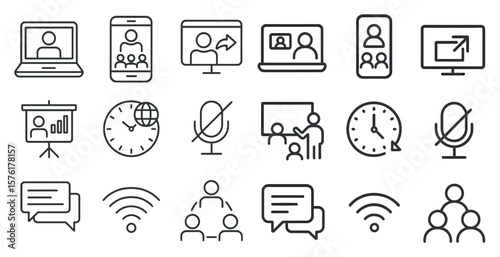 Set of icons for various communication and collaboration tools. The icons include a laptop, a cell phone, a projector, a clock, a microphone, a keyboard, a remote control, a computer monitor