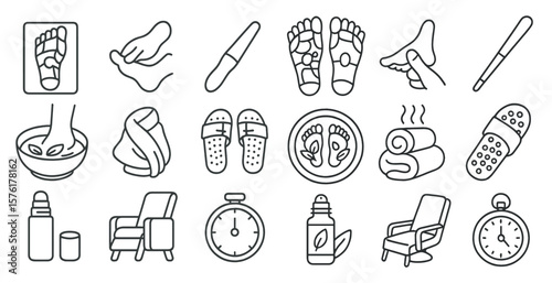 Collection of various items related to foot care and relaxation. The items include a foot bath, a foot scrub, a foot file, a foot roller, a foot massager, a foot spa, a foot wrap, a foot wrap