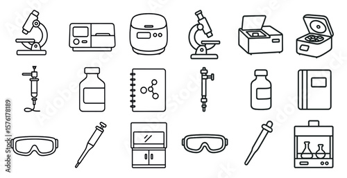 Set of medical symbols and tools. The symbols include a syringe, a microscope, a test tube, and a bottle. Scene is scientific and professional