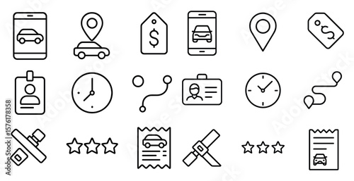 Collection of icons for a car rental service. The icons include a car, a clock, a phone, a wallet, a car tag, a car seat, a car key, a car sticker, a car seat, a car seat belt