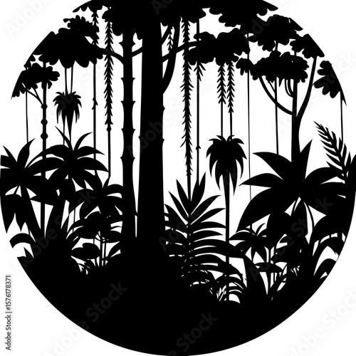 Dense jungle foliage and hanging vines forest trees