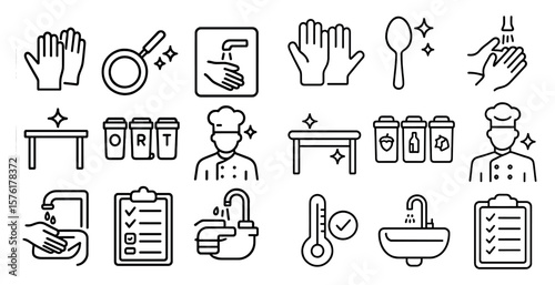 Variety of icons representing different elements of a kitchen. There is a chef icon, which is likely to represent a cooking area or a kitchen counter. A sink icon is also present