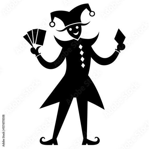 Jester with playing cards silhouette black and white