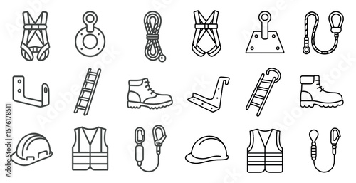 Set of safety equipment icons including a harness, a ladder, and a hard hat. The icons are arranged in a grid, with some overlapping and others standing alone. Scene is one of caution