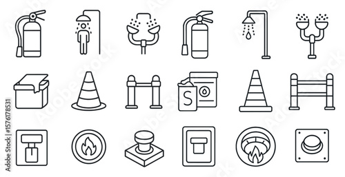 Collection of safety symbols and icons. The icons include a fire hydrant, a fire extinguisher, a fire alarm, a fire escape, a fire exit sign, a fire exit sign, a fire exit sign, a fire exit sign
