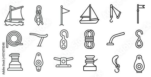 Collection of various objects and symbols related to sailing and boating. The objects include a boat, a rope, a flag, and a sail. Scene is one of adventure and exploration