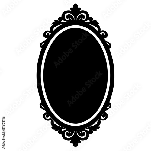 Ornate oval mirror silhouette black white