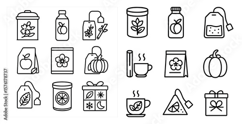 Set of black and white icons for various food and drink items. The icons include a tea bag, a coffee cup, a juice box, a bag of apples, a pumpkin, a pumpkin spice, a tea bag, a coffee mug