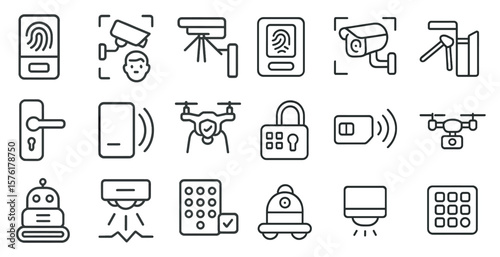 Collection of icons for security and surveillance. The icons include a door, a key, a camera, a phone, a remote control, a computer, a robot, a drone, a security camera, a fingerprint scanner