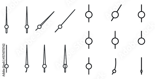 Set of clock hands are shown in various positions. The hands are all pointing to the same number, which is 12. Concept of order and precision, as the hands are all lined up