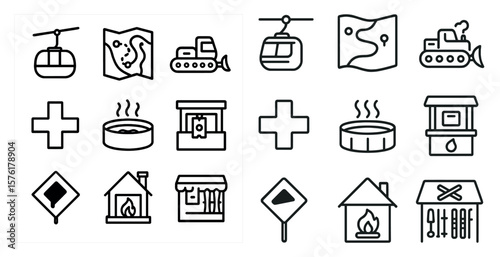 Set of icons with a variety of shapes and sizes. The icons include a cross, a house, a boat, a car, a plane, a helicopter, a boat, a building, a swimming pool, a fire hydrant