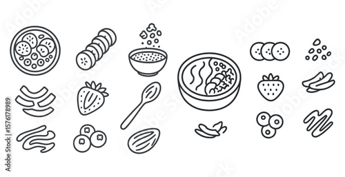 Variety of food items, including a spoon, a bowl, and a banana. The spoon is positioned next to the banana, and the bowl is located next to the banana as well