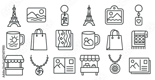 Collection of various items such as a coffee mug, a bag, a scarf, a necklace, a postcard, and a picture of the Eiffel Tower