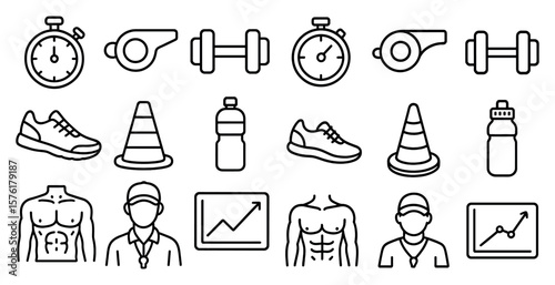 Collection of sports icons and symbols, including a stopwatch, a whistle, and a sports ball