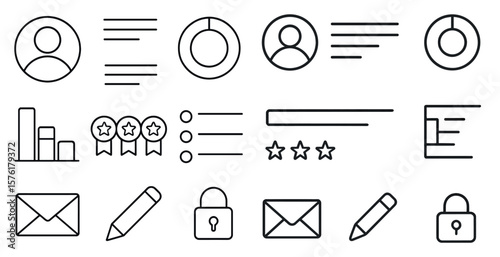 Set of icons for a computer program. The icons include a person, a star, a lock, a key, a star, a star, a star, a star, a star, a star, a star, a star