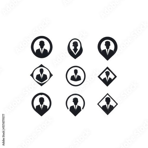 Collection of nine business person icons in various geometric shapes isolated on transparent background