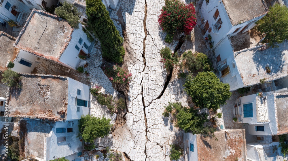 Fototapeta premium An aerial view of cracked ground between houses, highlighting environmental impact and urban decay in a once vibrant neighborhood.