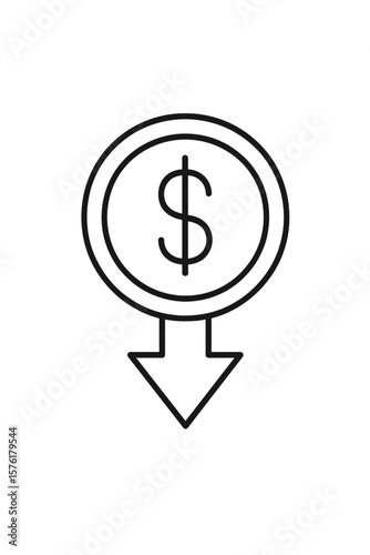 Line icon of declining financial asset with downward arrow and dollar symbol