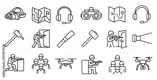 Series of icons depicting various military and tactical situations. The icons include a man with a hammer, a man with a gun, a man with a drone, and a man with a flashlight