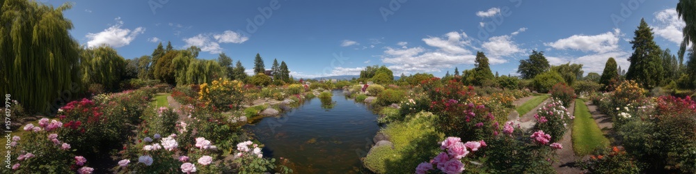 Fototapeta premium Stunning 360 degrees panoramic view of a blooming garden nature hdr landscape clear sky