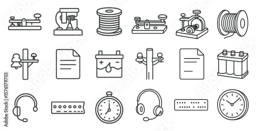 Collection of various objects and symbols, including clocks, wires, and paper. Scene is one of organization and efficiency, with the various objects