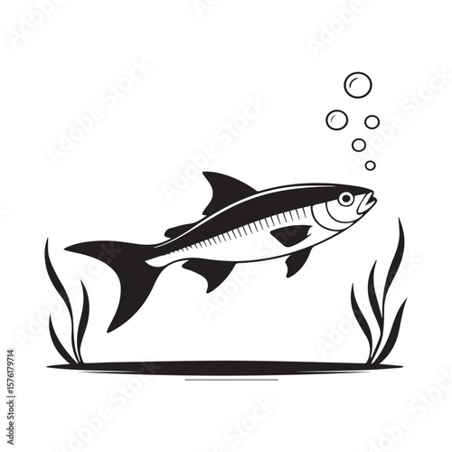 Vector illustration of a marine animal, a tuna, on a fishing hook in the ocean