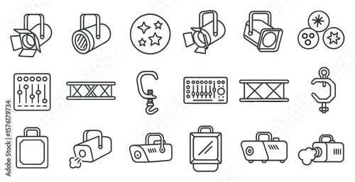 Collection of lighting equipment and accessories. The items include a light stand, a light fixture, a light bulb, a light switch, a light bulb holder, a light bulb socket, a light bulb holder