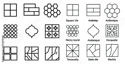 Collection of different tile shapes and patterns. The tile shapes include squares, arabesque, and penny round