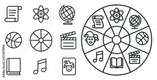 Circle with a variety of icons including a book, a globe, a basketball, a movie camera, and a music note