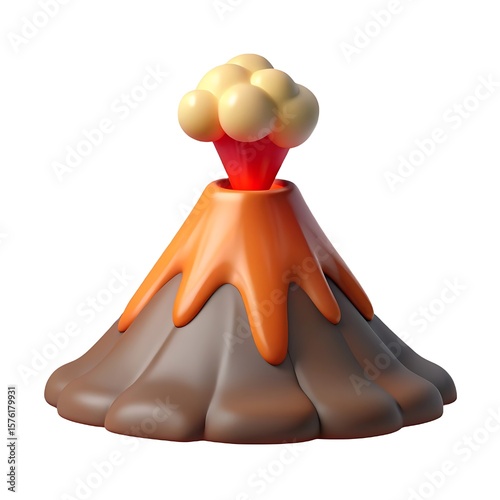 Stylized 3d cartoon volcano erupting with lava and smoke against a white background