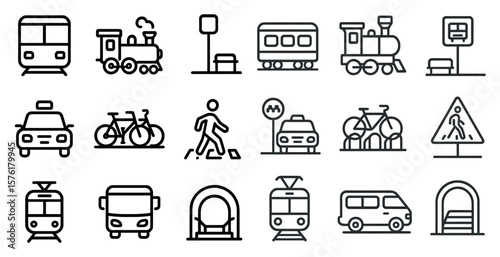 Collection of transportation icons including a train, bus, and bicycle. The icons are all in black and white