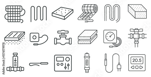 Collection of various items related to plumbing and heating. The items include pipes, valves, gauges, and other tools. Scene is one of organization and efficiency