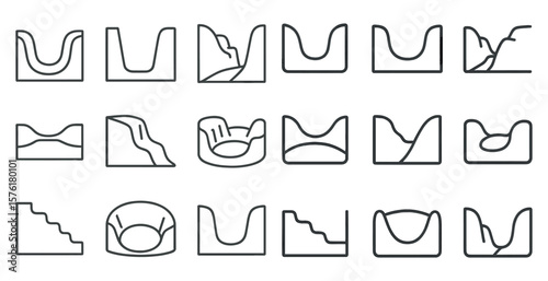 Series of lines that represent different shapes and curves. The shapes are all different sizes and orientations, but they all have a similar, geometric quality. Scene is one of precision and order