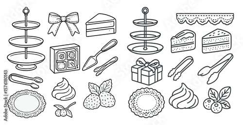 Set of food items including cake, pie, and other desserts. Scene is lighthearted and playful, as the food items are drawn in a cartoonish style