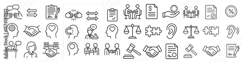 Series of icons that represent different professions and concepts. The icons include a handshake, a gavel, a book, a person with a heart, and a person with a brain. Concept of collaboration
