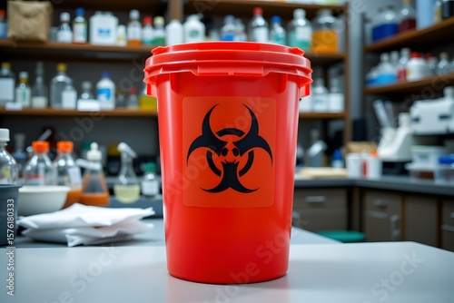 Biohazard Alert: Red biohazard container prominently displays a warning symbol within a laboratory setting, signifying the careful handling of dangerous materials.
