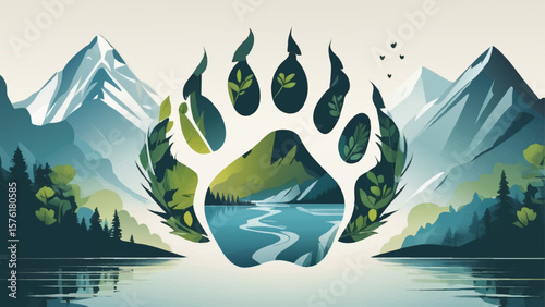 Abstract vector logo illustrating a paw print integrated with nature elements like leaves or mountains, reflecting wildlife and conservation
