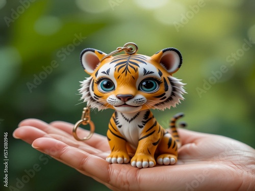 3d caricature, keychain on the palm, high quality realistic photo, a cute Tiger
