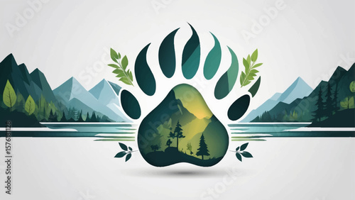 Abstract vector logo illustrating a paw print integrated with nature elements like leaves or mountains, reflecting wildlife and conservation