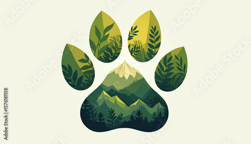 Abstract vector logo illustrating a paw print integrated with nature elements like leaves or mountains, reflecting wildlife and conservation