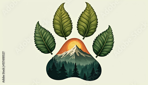 Abstract vector logo illustrating a paw print integrated with nature elements like leaves or mountains, reflecting wildlife and conservation