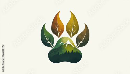 Abstract vector logo illustrating a paw print integrated with nature elements like leaves or mountains, reflecting wildlife and conservation